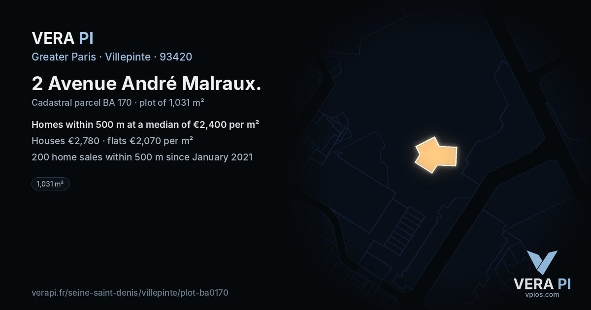 2 Avenue André Malraux, Villepinte at night – the plot lit, the parcels around coloured by the prices near them