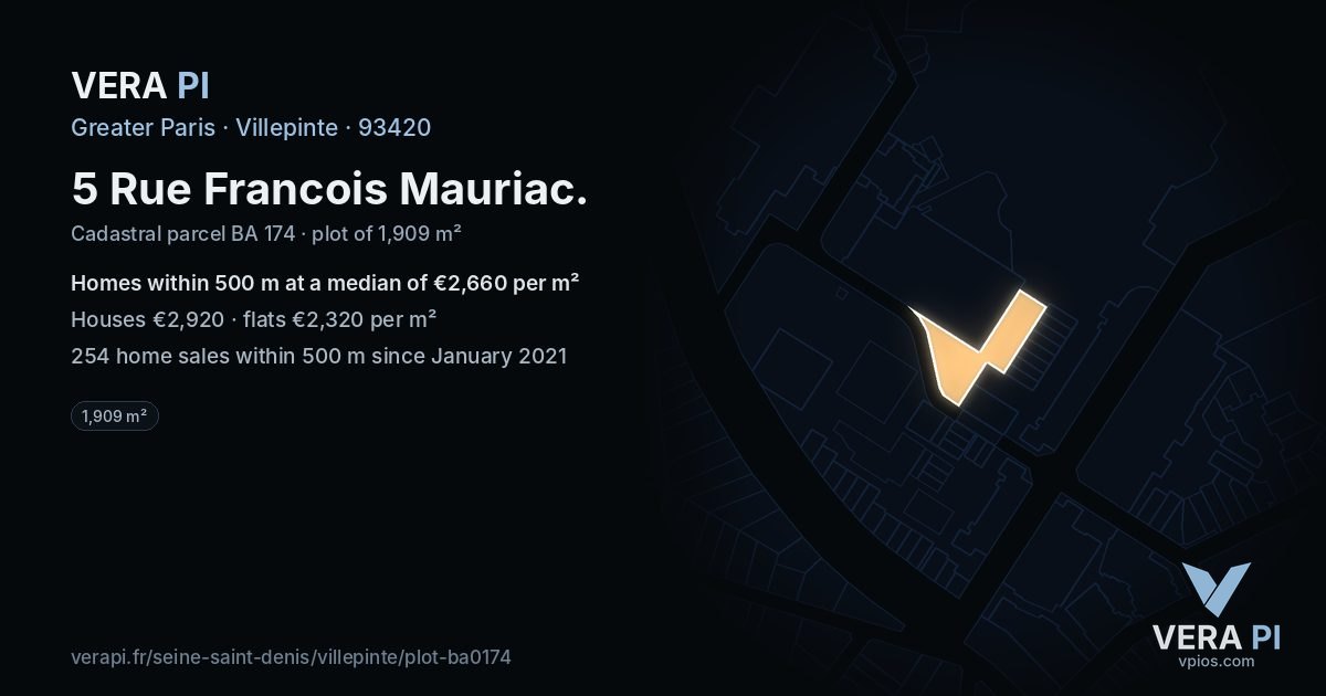 5 Rue Francois Mauriac, Villepinte at night – the plot lit, the parcels around coloured by the prices near them