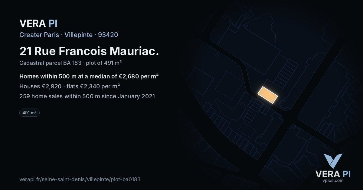 21 Rue Francois Mauriac, Villepinte at night – the plot lit, the parcels around coloured by the prices near them