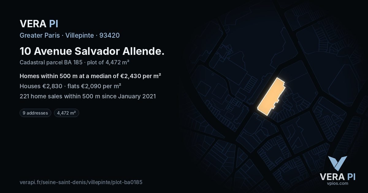 10 Avenue Salvador Allende, Villepinte at night – the plot lit, the parcels around coloured by the prices near them
