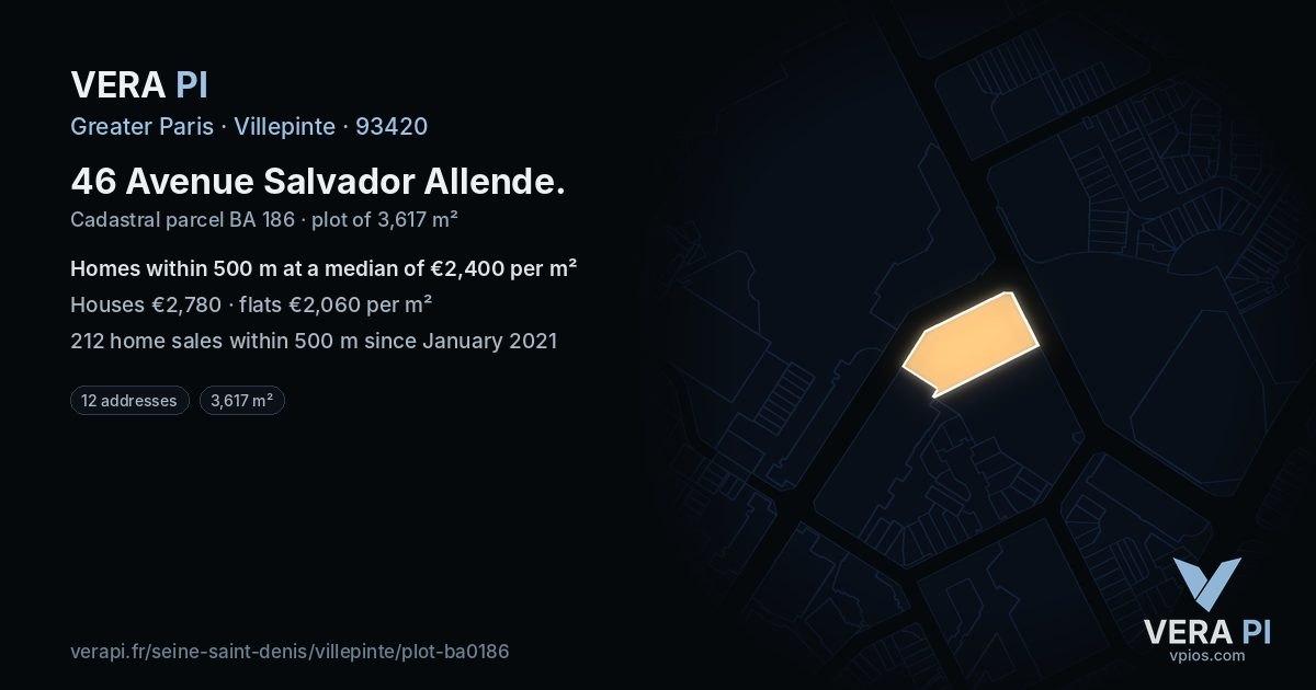 46 Avenue Salvador Allende, Villepinte at night – the plot lit, the parcels around coloured by the prices near them