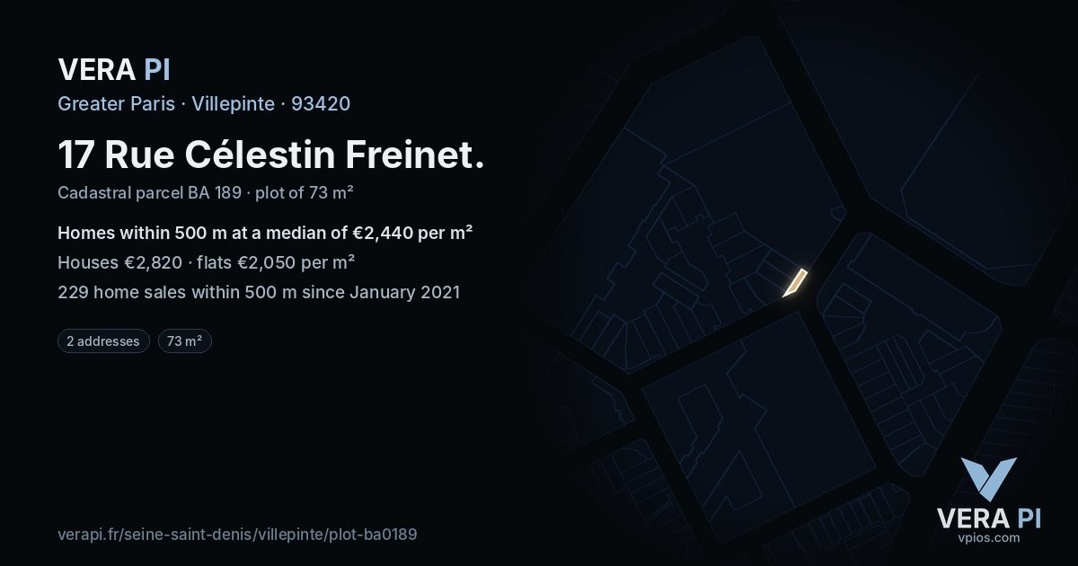 17 Rue Célestin Freinet, Villepinte at night – the plot lit, the parcels around coloured by the prices near them