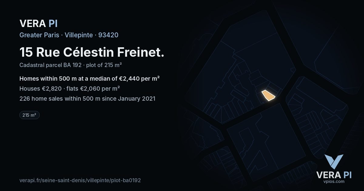 15 Rue Célestin Freinet, Villepinte at night – the plot lit, the parcels around coloured by the prices near them