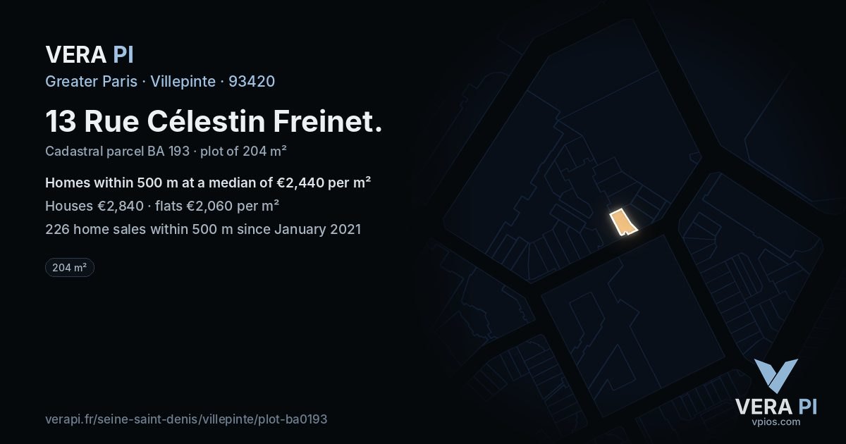 13 Rue Célestin Freinet, Villepinte at night – the plot lit, the parcels around coloured by the prices near them