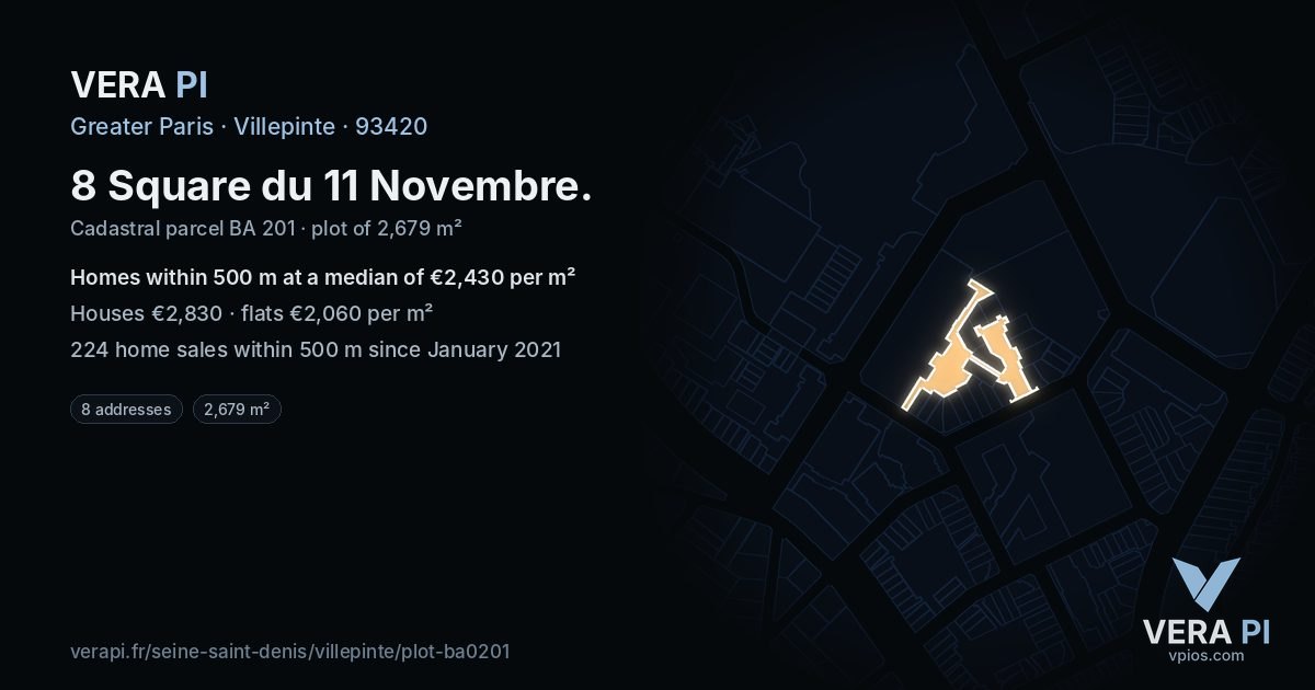 8 Square du 11 Novembre, Villepinte at night – the plot lit, the parcels around coloured by the prices near them