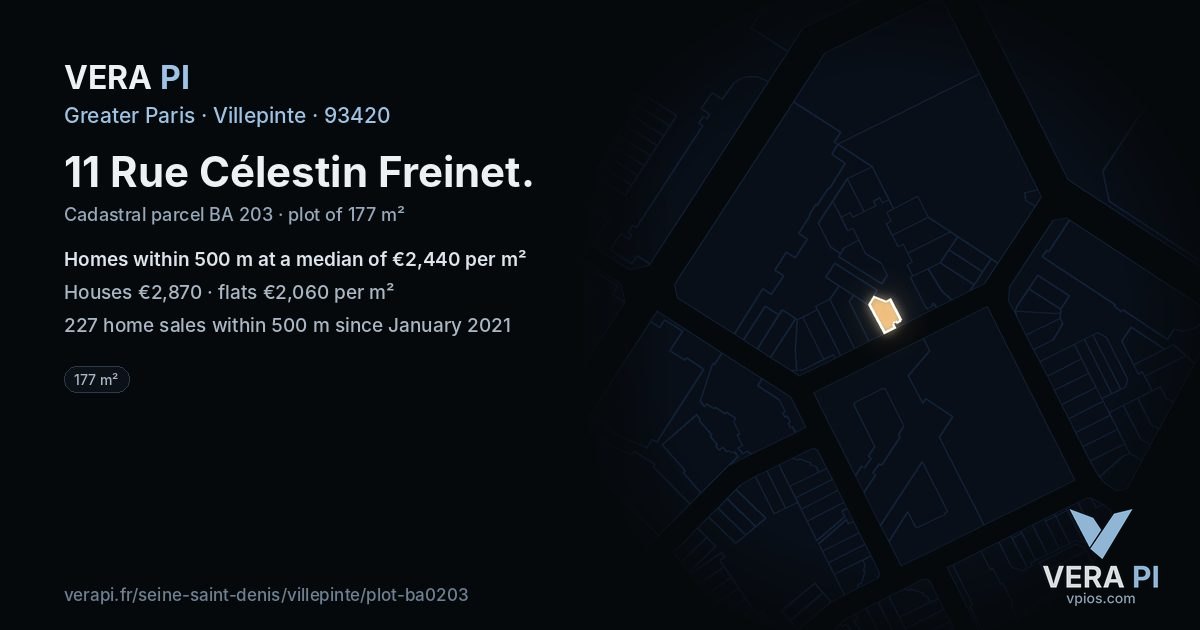 11 Rue Célestin Freinet, Villepinte at night – the plot lit, the parcels around coloured by the prices near them