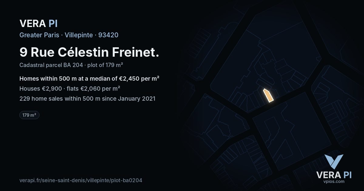 9 Rue Célestin Freinet, Villepinte at night – the plot lit, the parcels around coloured by the prices near them