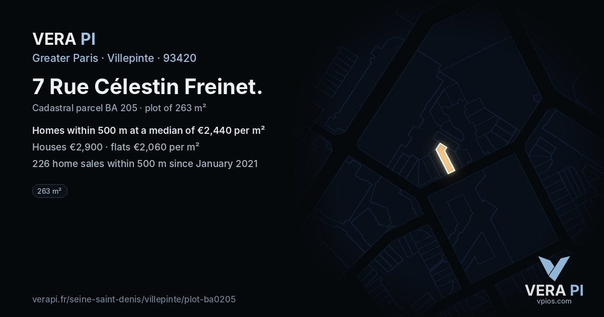 7 Rue Célestin Freinet, Villepinte at night – the plot lit, the parcels around coloured by the prices near them