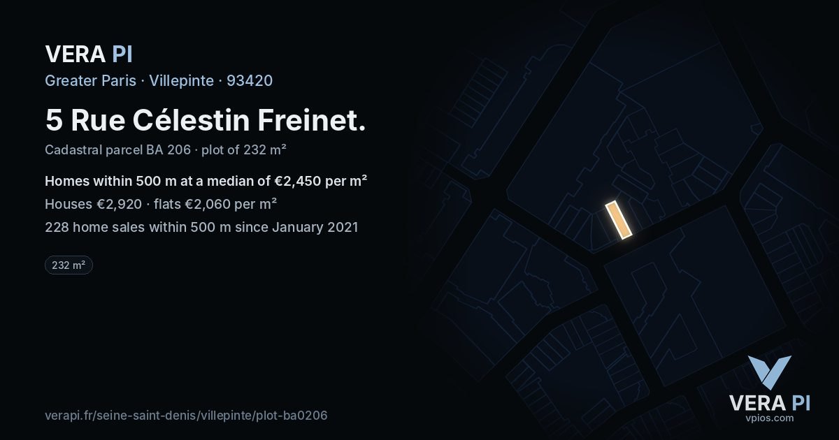5 Rue Célestin Freinet, Villepinte at night – the plot lit, the parcels around coloured by the prices near them