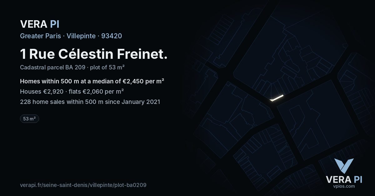 1 Rue Célestin Freinet, Villepinte at night – the plot lit, the parcels around coloured by the prices near them