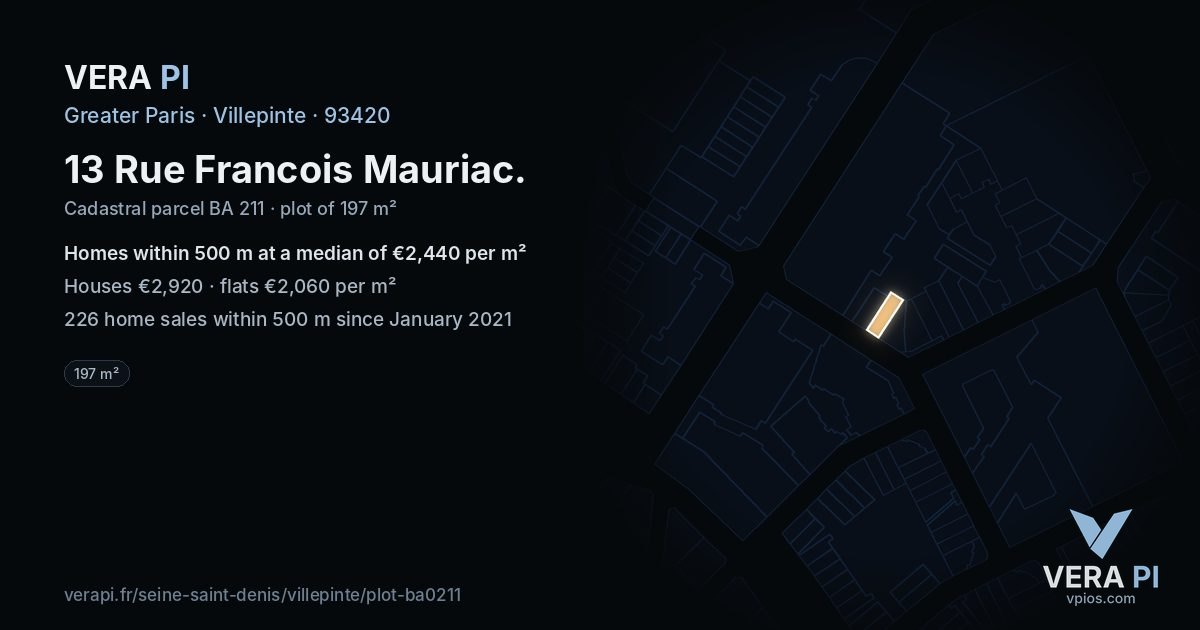 13 Rue Francois Mauriac, Villepinte at night – the plot lit, the parcels around coloured by the prices near them