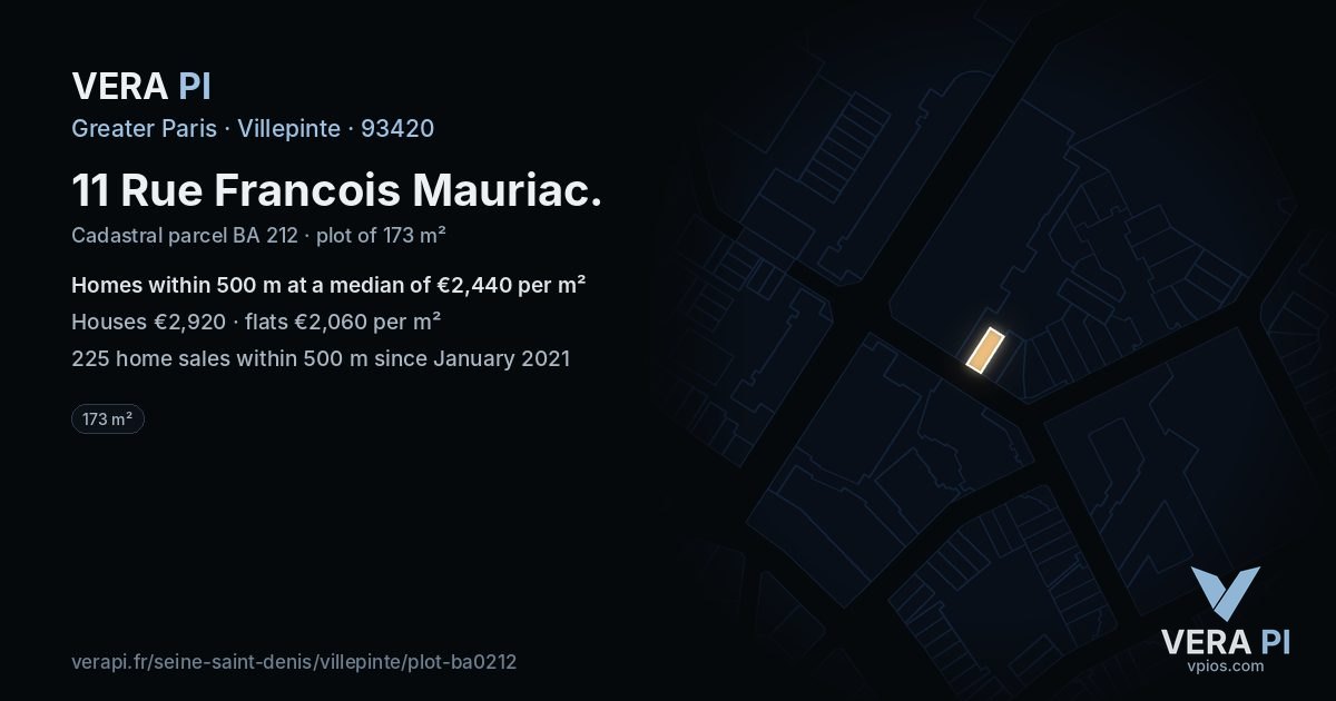 11 Rue Francois Mauriac, Villepinte at night – the plot lit, the parcels around coloured by the prices near them