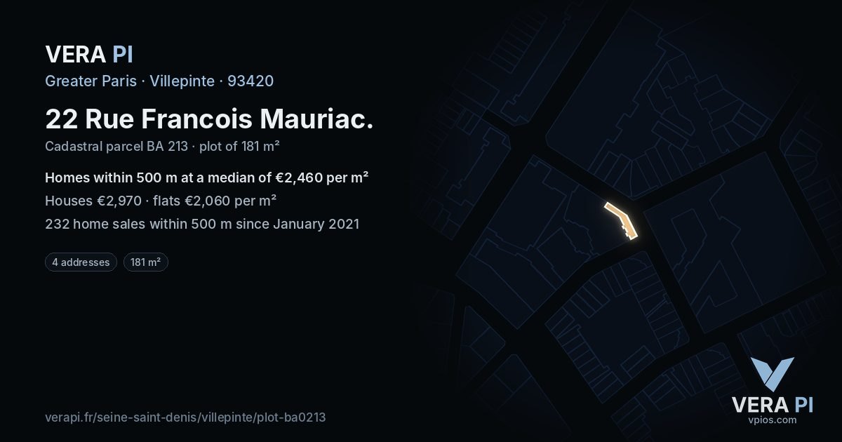 22 Rue Francois Mauriac, Villepinte at night – the plot lit, the parcels around coloured by the prices near them