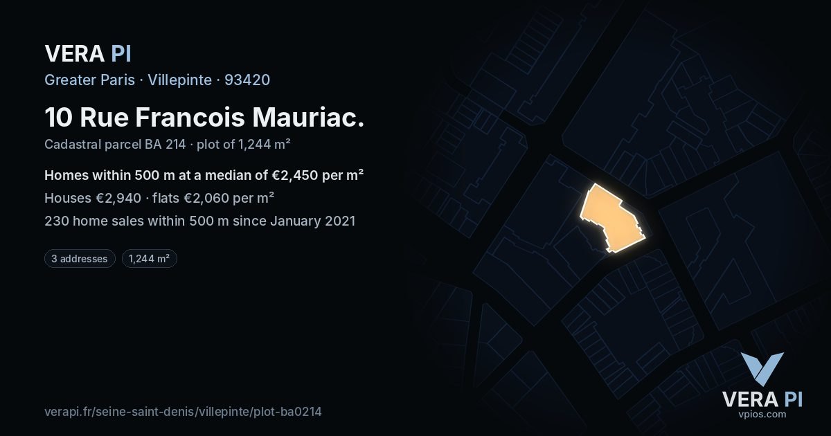 10 Rue Francois Mauriac, Villepinte at night – the plot lit, the parcels around coloured by the prices near them