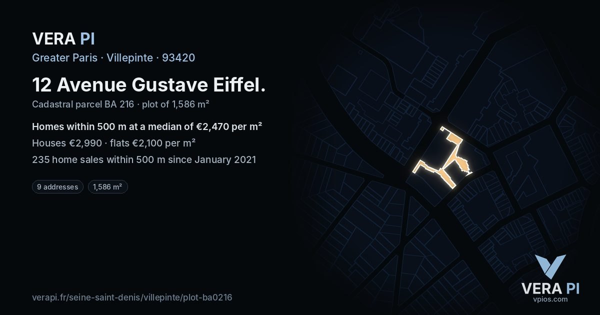 12 Avenue Gustave Eiffel, Villepinte at night – the plot lit, the parcels around coloured by the prices near them