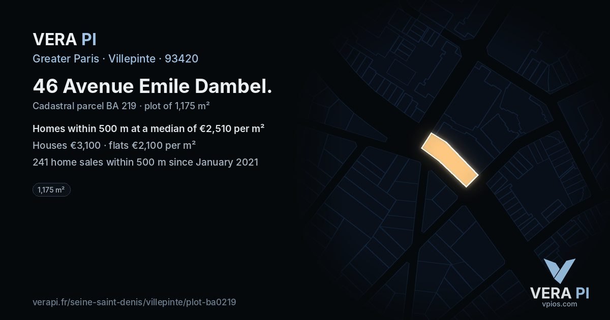 46 Avenue Emile Dambel, Villepinte at night – the plot lit, the parcels around coloured by the prices near them