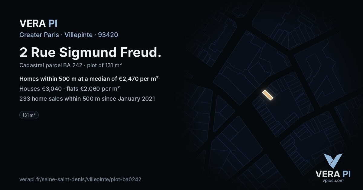2 Rue Sigmund Freud, Villepinte at night – the plot lit, the parcels around coloured by the prices near them