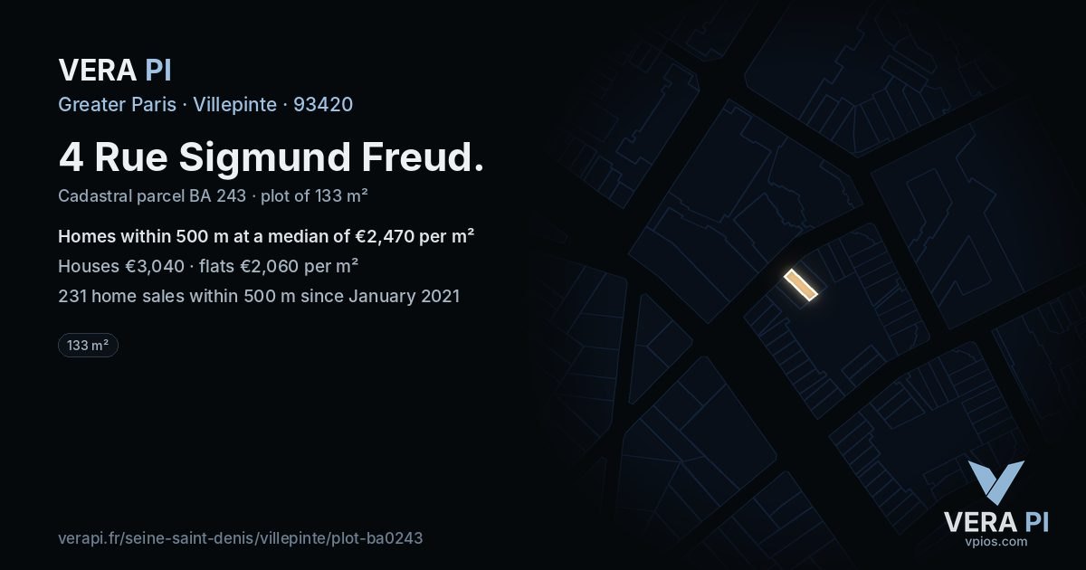 4 Rue Sigmund Freud, Villepinte at night – the plot lit, the parcels around coloured by the prices near them