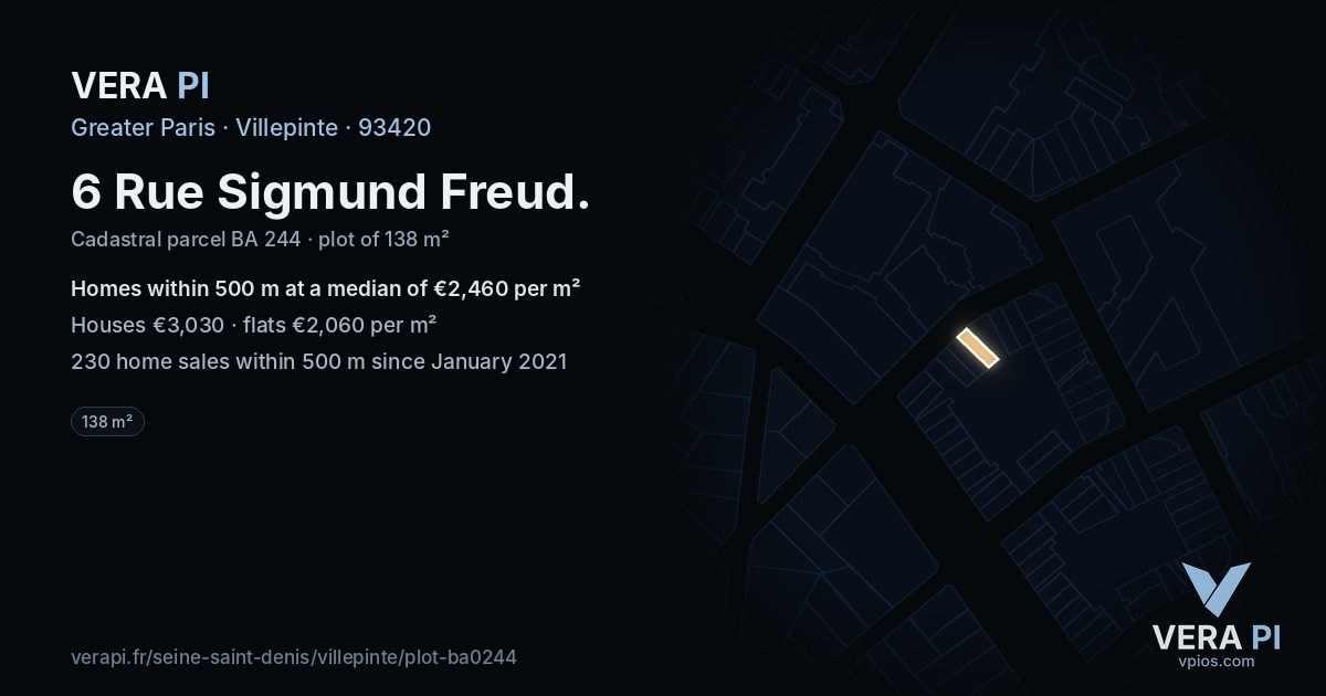6 Rue Sigmund Freud, Villepinte at night – the plot lit, the parcels around coloured by the prices near them