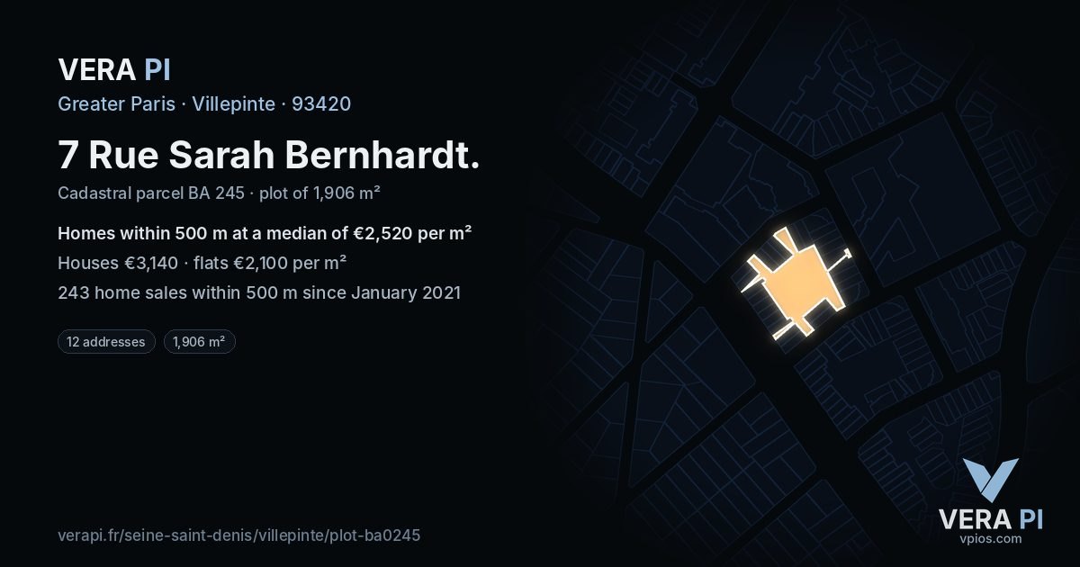 7 Rue Sarah Bernhardt, Villepinte at night – the plot lit, the parcels around coloured by the prices near them