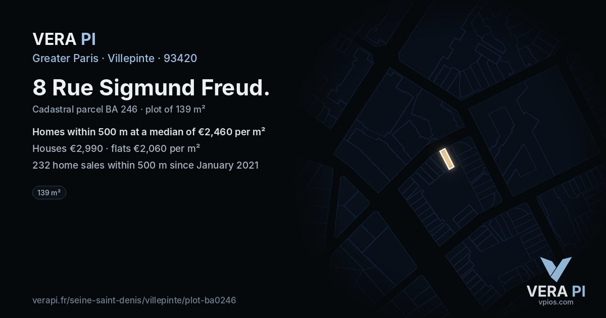 8 Rue Sigmund Freud, Villepinte at night – the plot lit, the parcels around coloured by the prices near them