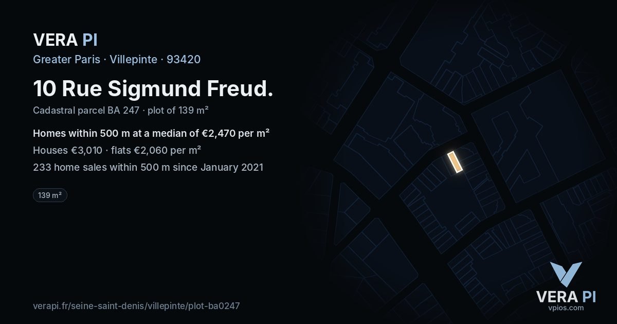 10 Rue Sigmund Freud, Villepinte at night – the plot lit, the parcels around coloured by the prices near them