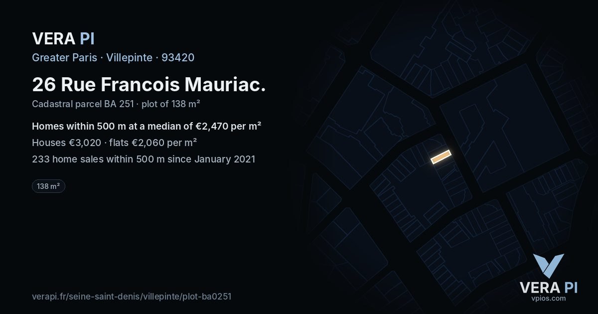 26 Rue Francois Mauriac, Villepinte at night – the plot lit, the parcels around coloured by the prices near them