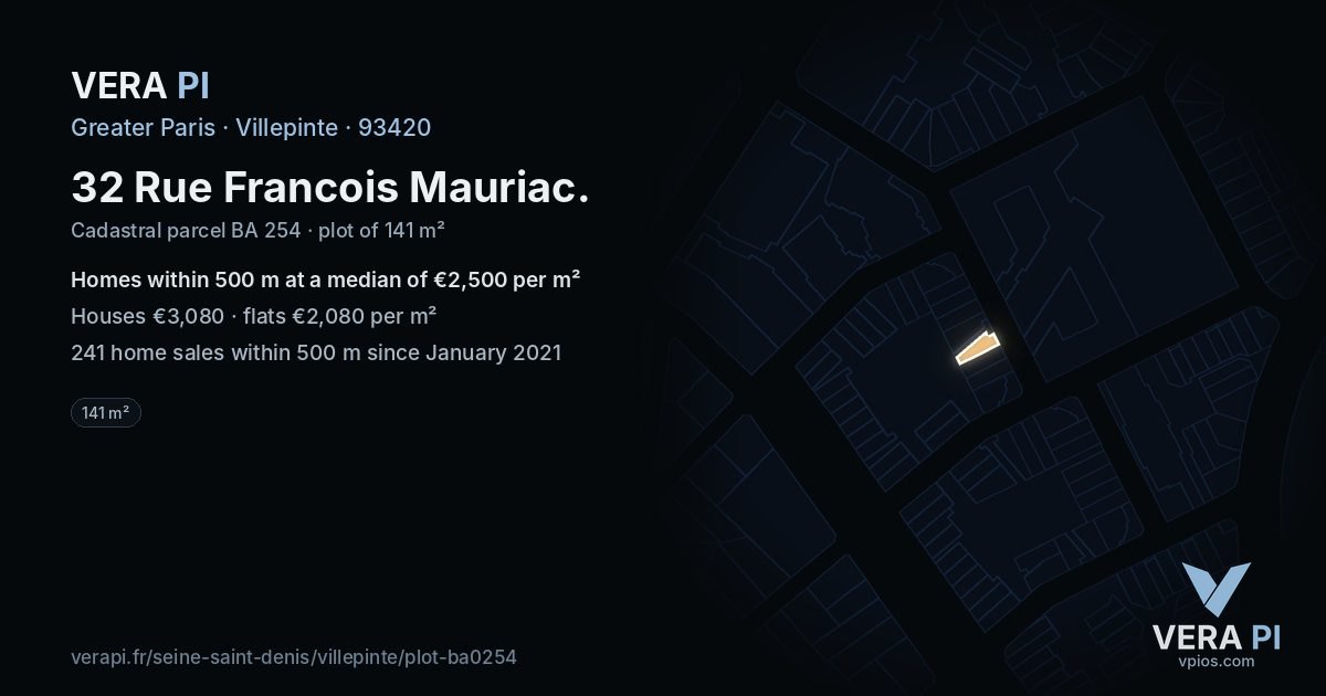 32 Rue Francois Mauriac, Villepinte at night – the plot lit, the parcels around coloured by the prices near them