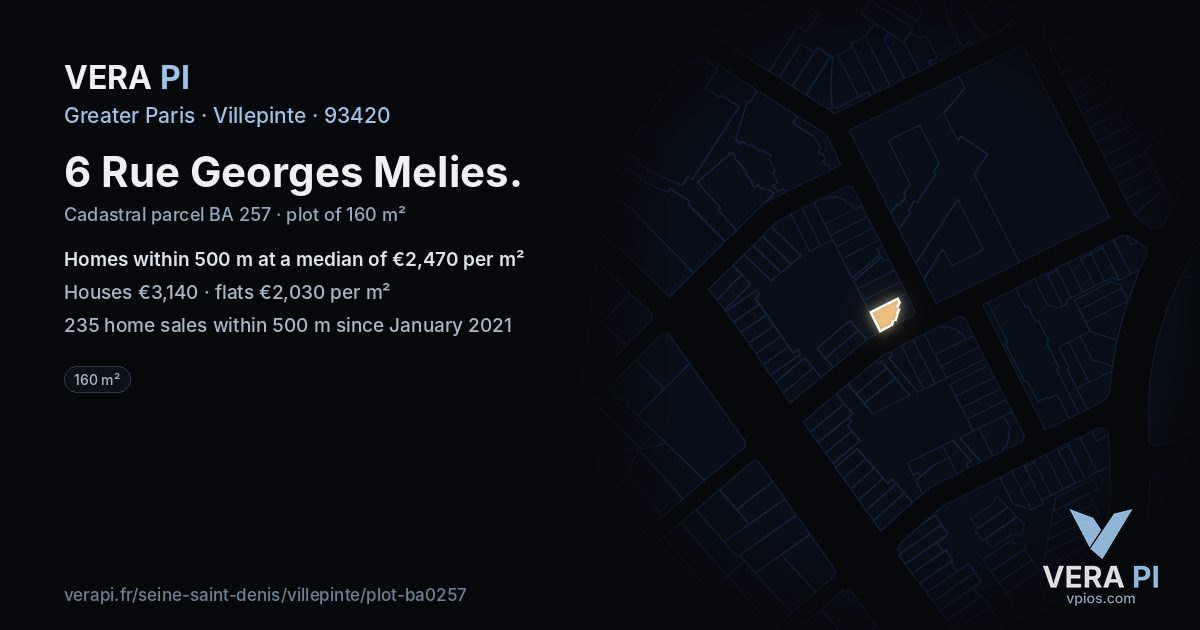 6 Rue Georges Melies, Villepinte at night – the plot lit, the parcels around coloured by the prices near them