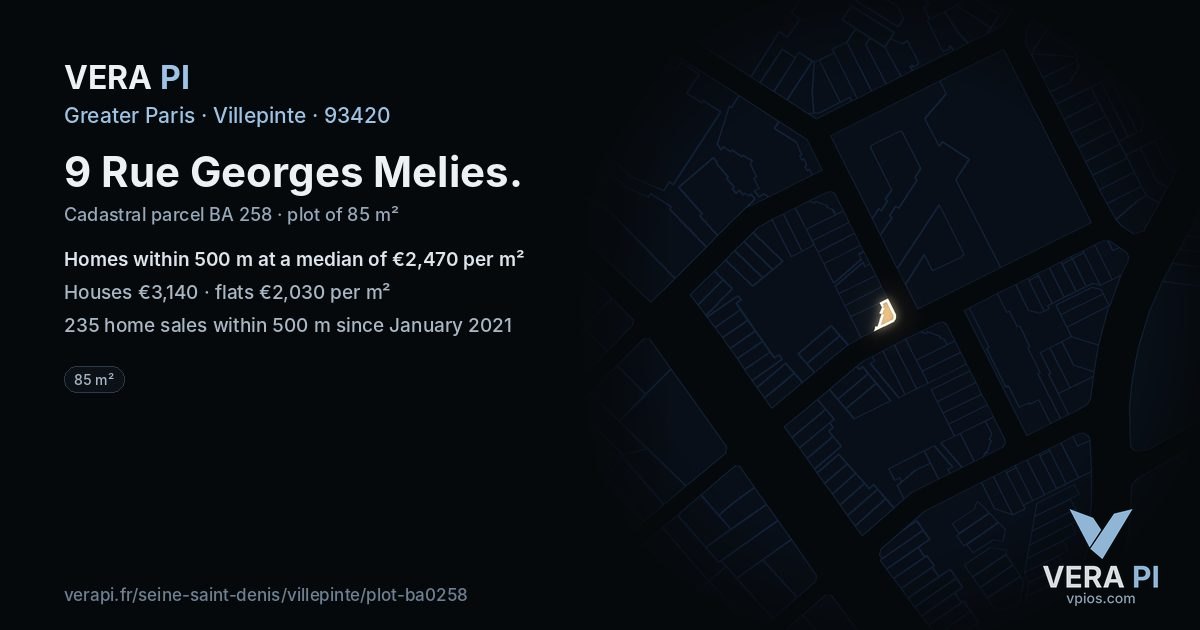 9 Rue Georges Melies, Villepinte at night – the plot lit, the parcels around coloured by the prices near them