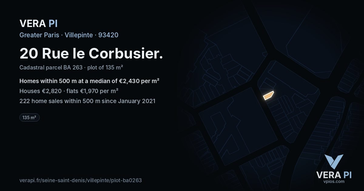 20 Rue le Corbusier, Villepinte at night – the plot lit, the parcels around coloured by the prices near them