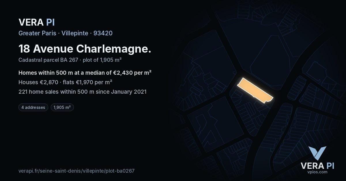 18 Avenue Charlemagne, Villepinte at night – the plot lit, the parcels around coloured by the prices near them