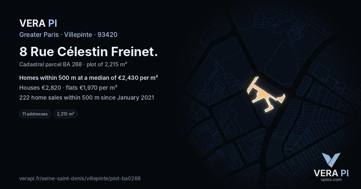 8 Rue Célestin Freinet, Villepinte at night – the plot lit, the parcels around coloured by the prices near them