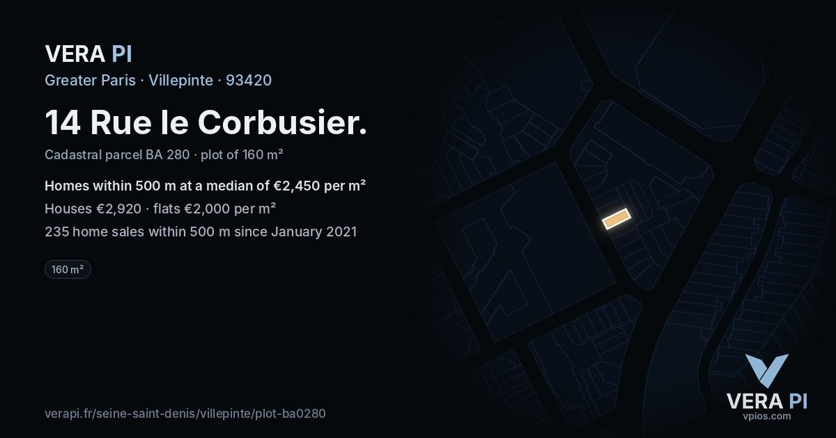 14 Rue le Corbusier, Villepinte at night – the plot lit, the parcels around coloured by the prices near them