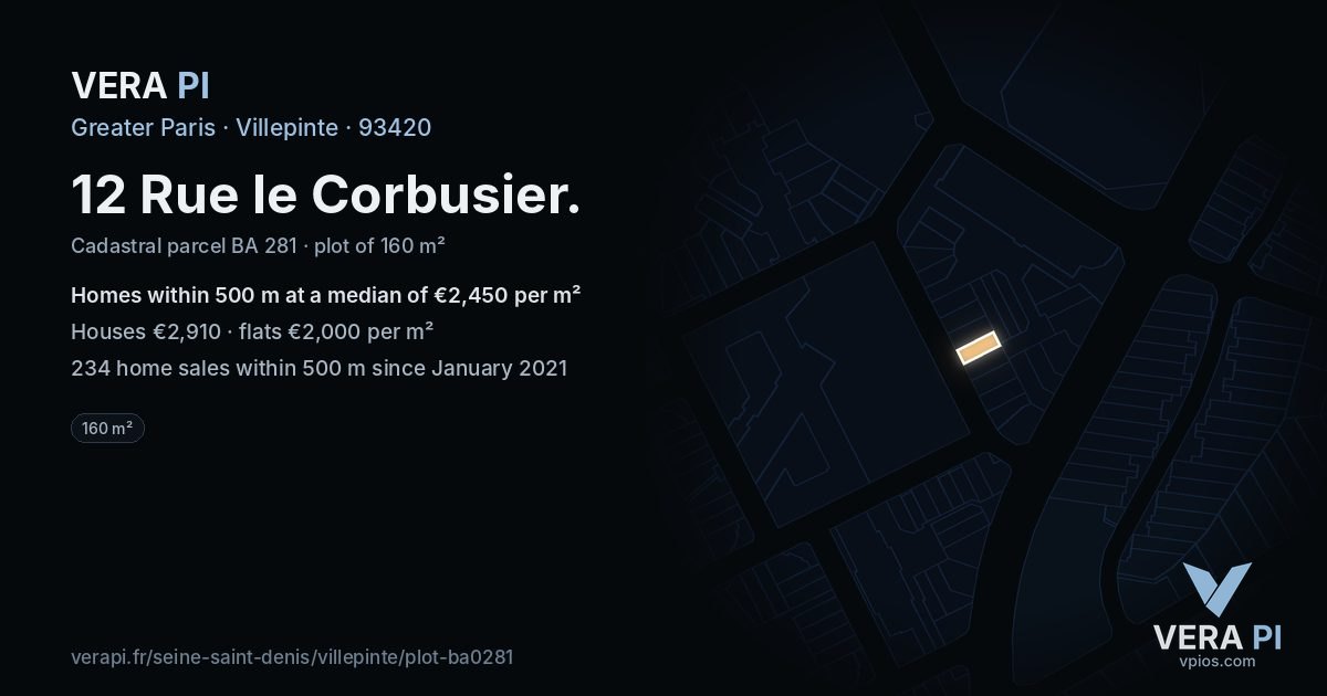12 Rue le Corbusier, Villepinte at night – the plot lit, the parcels around coloured by the prices near them