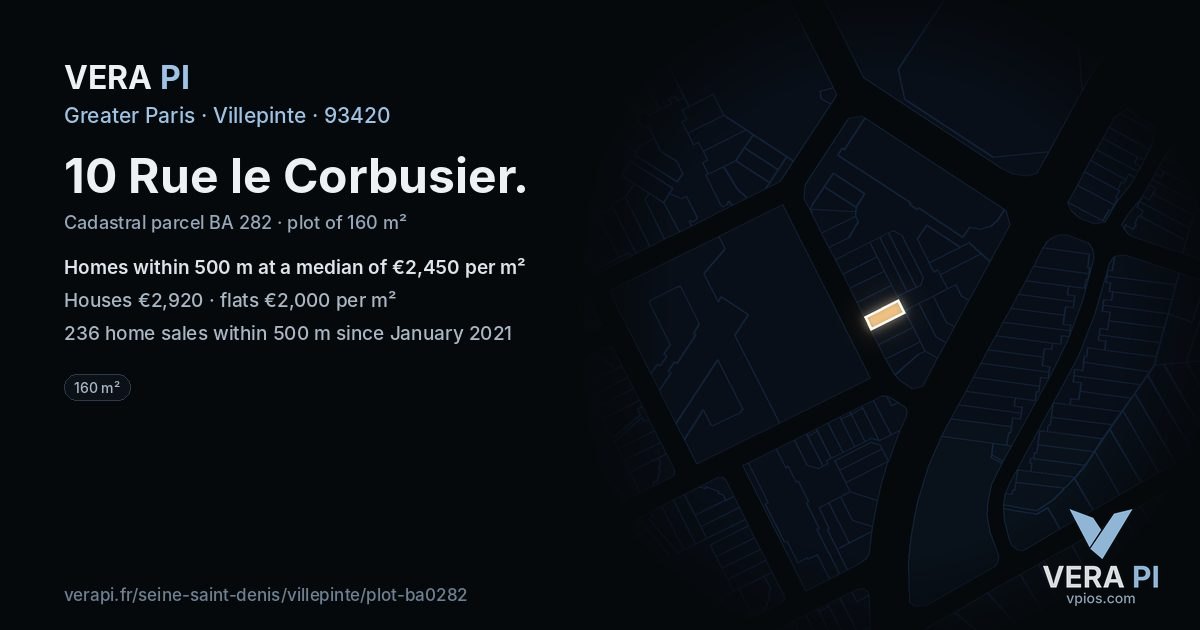10 Rue le Corbusier, Villepinte at night – the plot lit, the parcels around coloured by the prices near them