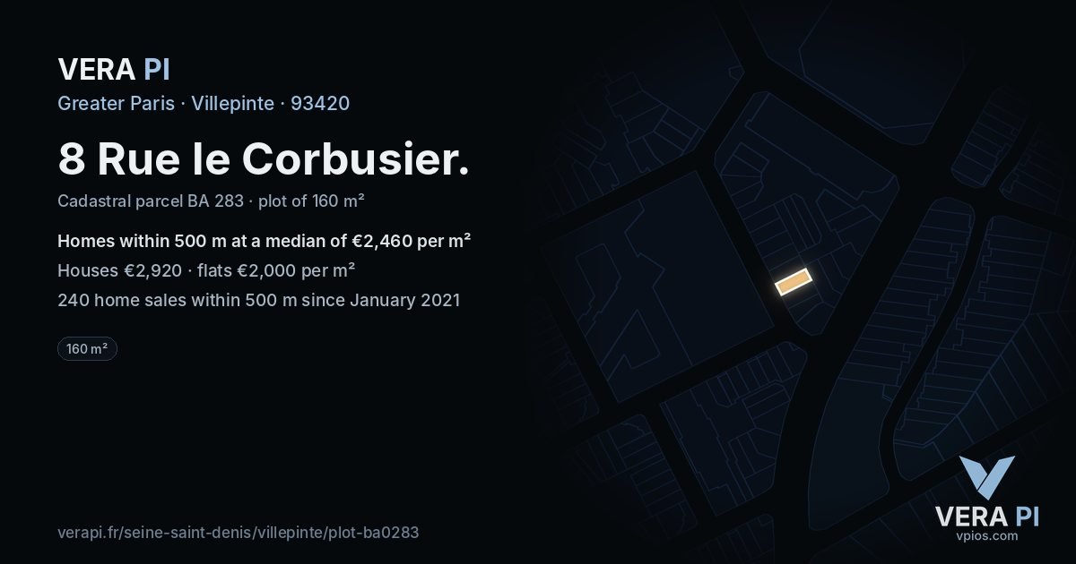 8 Rue le Corbusier, Villepinte at night – the plot lit, the parcels around coloured by the prices near them