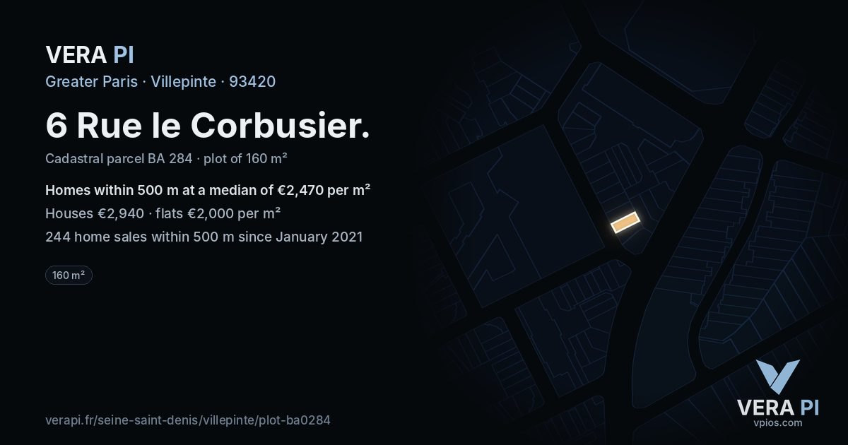 6 Rue le Corbusier, Villepinte at night – the plot lit, the parcels around coloured by the prices near them