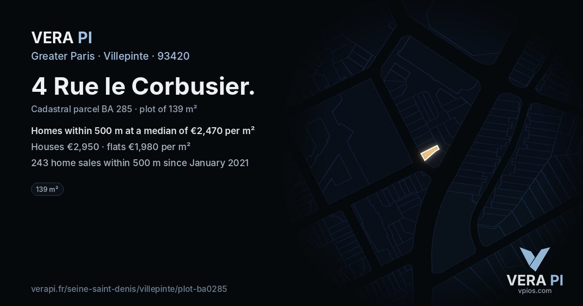 4 Rue le Corbusier, Villepinte at night – the plot lit, the parcels around coloured by the prices near them