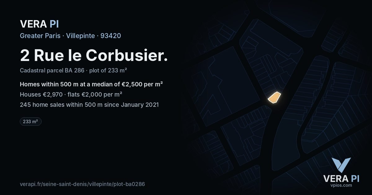 2 Rue le Corbusier, Villepinte at night – the plot lit, the parcels around coloured by the prices near them
