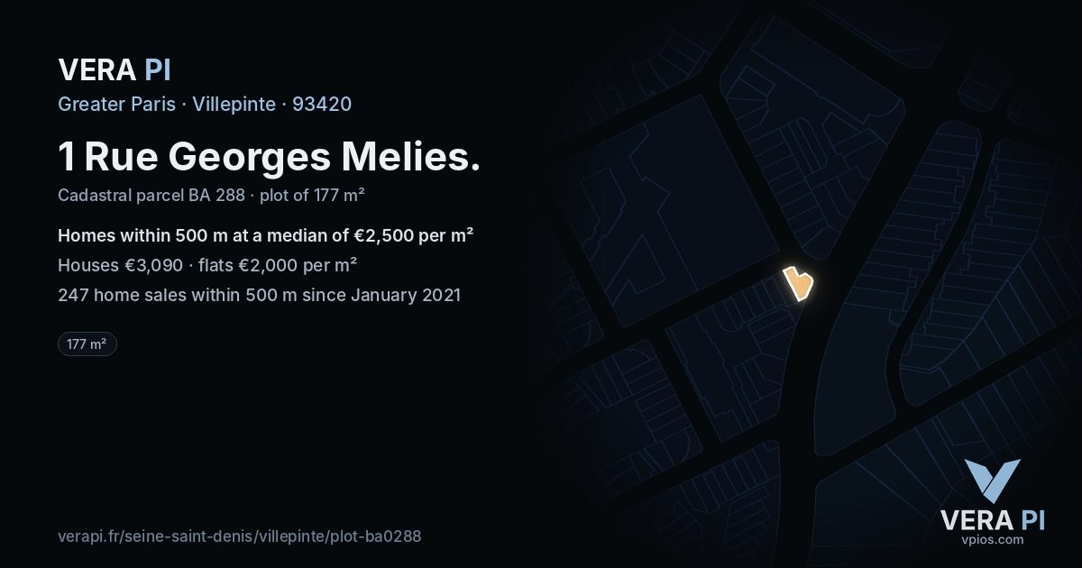 1 Rue Georges Melies, Villepinte at night – the plot lit, the parcels around coloured by the prices near them