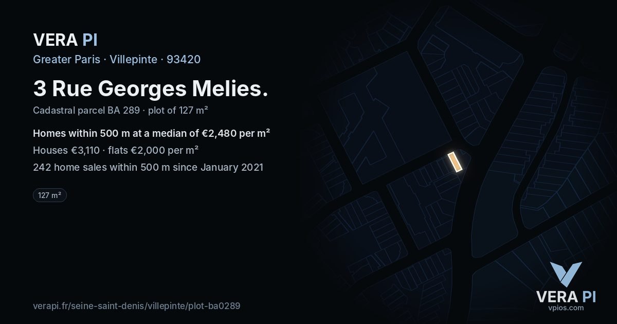 3 Rue Georges Melies, Villepinte at night – the plot lit, the parcels around coloured by the prices near them
