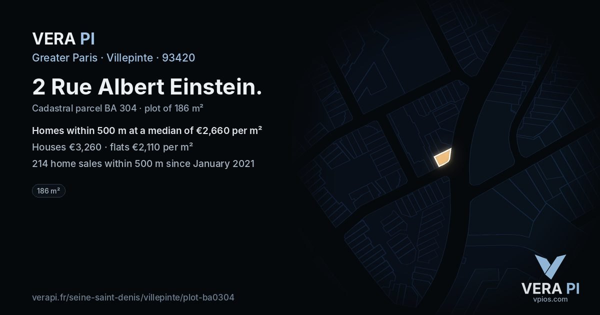 2 Rue Albert Einstein, Villepinte at night – the plot lit, the parcels around coloured by the prices near them