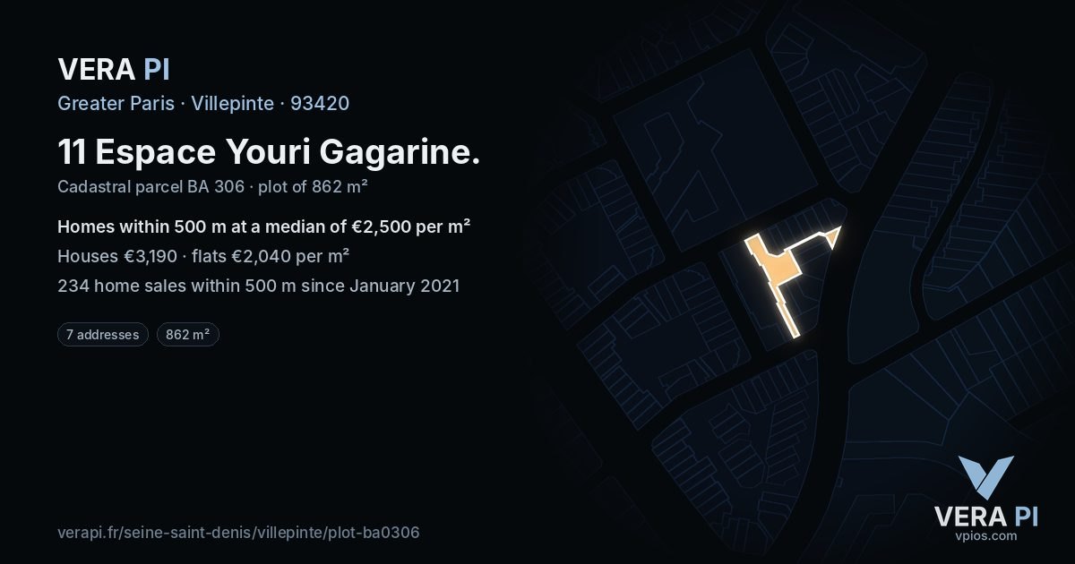 11 Espace Youri Gagarine, Villepinte at night – the plot lit, the parcels around coloured by the prices near them
