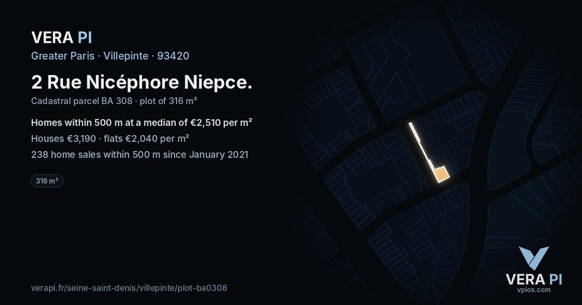 2 Rue Nicéphore Niepce, Villepinte at night – the plot lit, the parcels around coloured by the prices near them