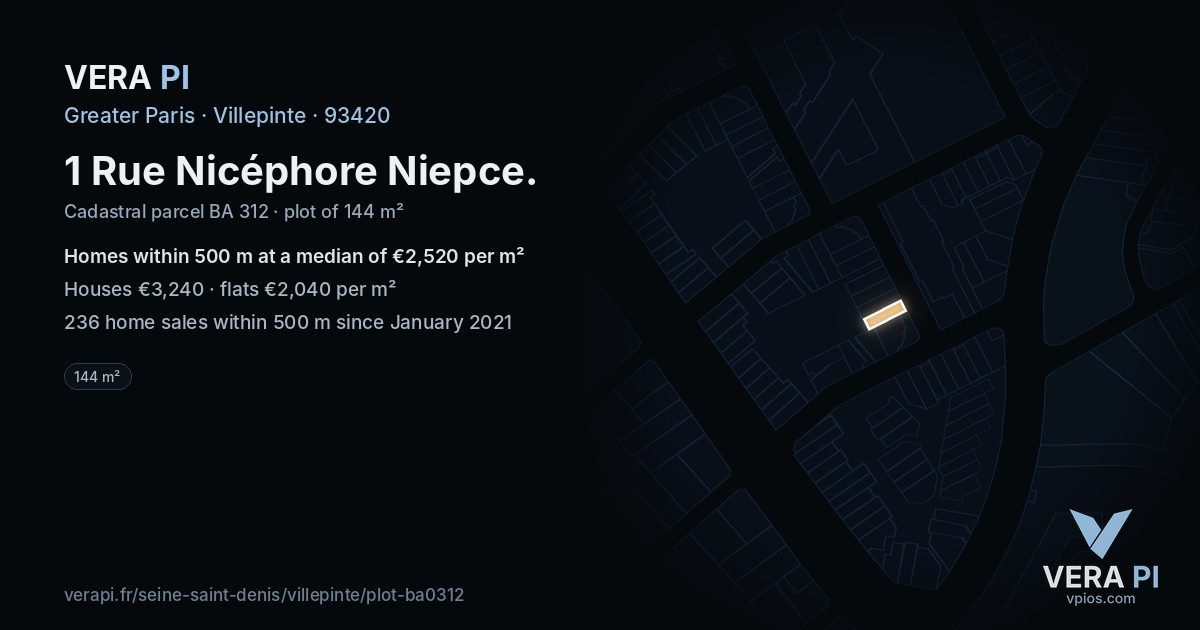 1 Rue Nicéphore Niepce, Villepinte at night – the plot lit, the parcels around coloured by the prices near them