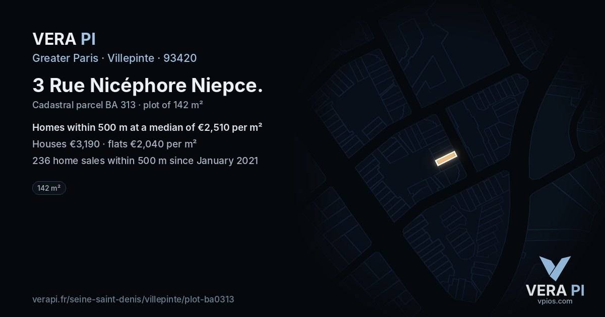 3 Rue Nicéphore Niepce, Villepinte at night – the plot lit, the parcels around coloured by the prices near them