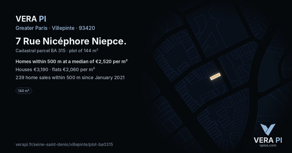7 Rue Nicéphore Niepce, Villepinte at night – the plot lit, the parcels around coloured by the prices near them