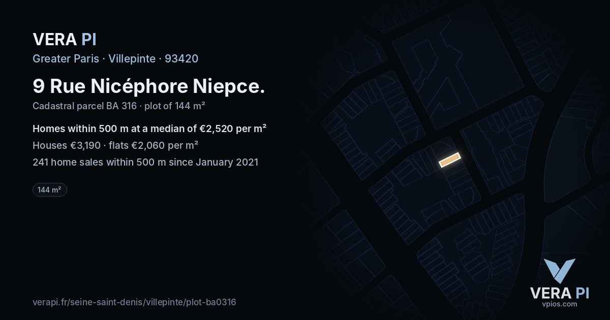 9 Rue Nicéphore Niepce, Villepinte at night – the plot lit, the parcels around coloured by the prices near them
