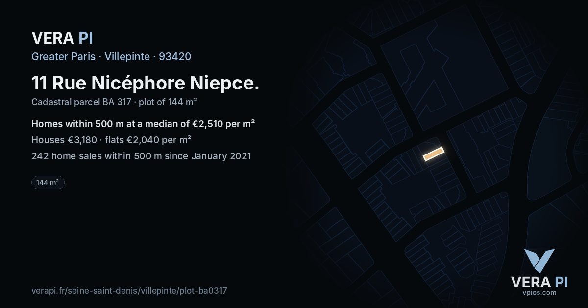 11 Rue Nicéphore Niepce, Villepinte at night – the plot lit, the parcels around coloured by the prices near them